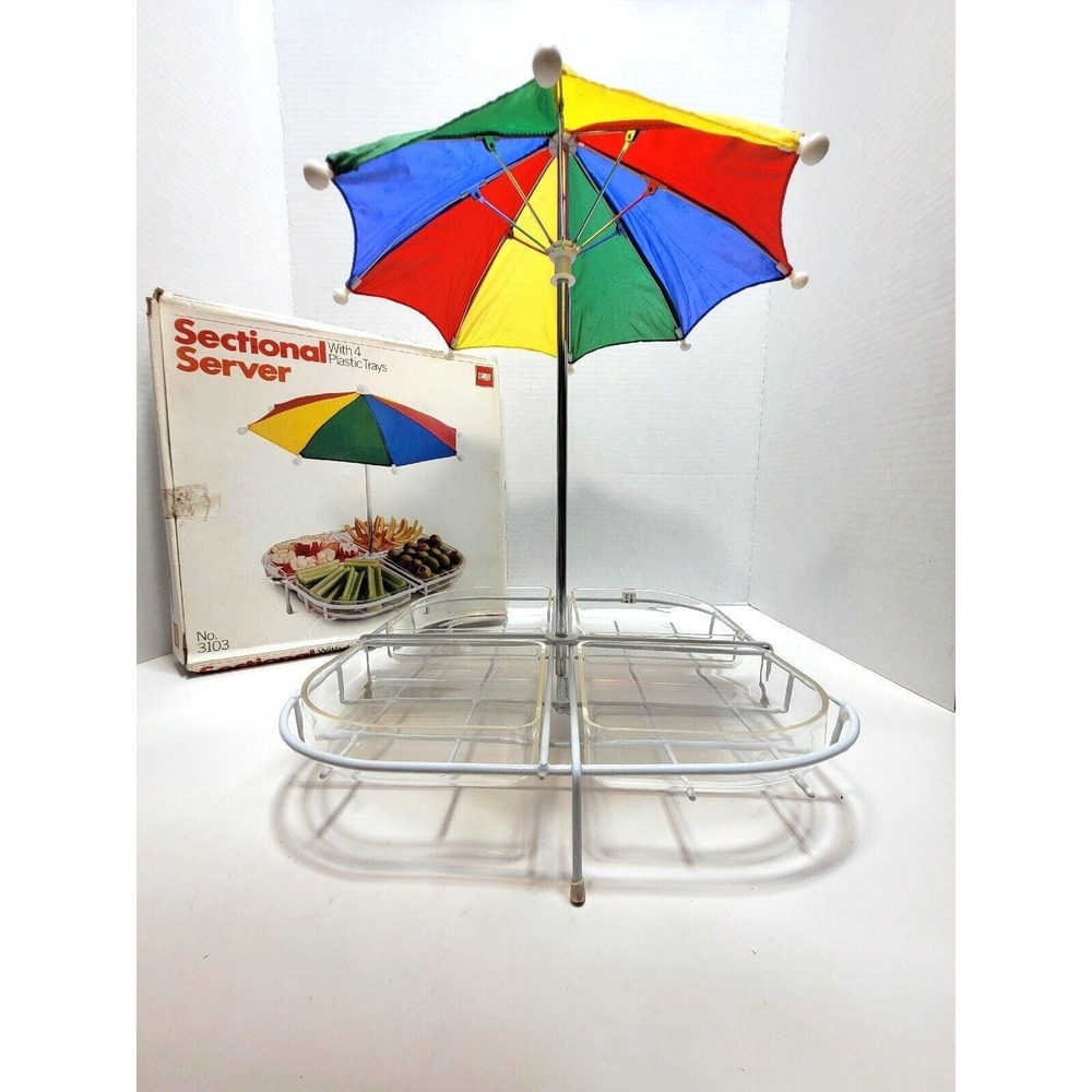 1984‎ Vintage Fruit Vegetable Chip Dip Condiment Sectional Server Set w Umbrella